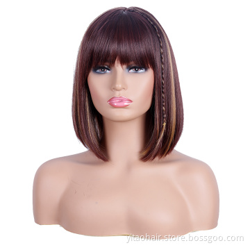Wholesale Brown Bob Wigs for Women Highlights Blonde Straight Hair Short Bob Wig with Bangs Heat Resistant Synthetic